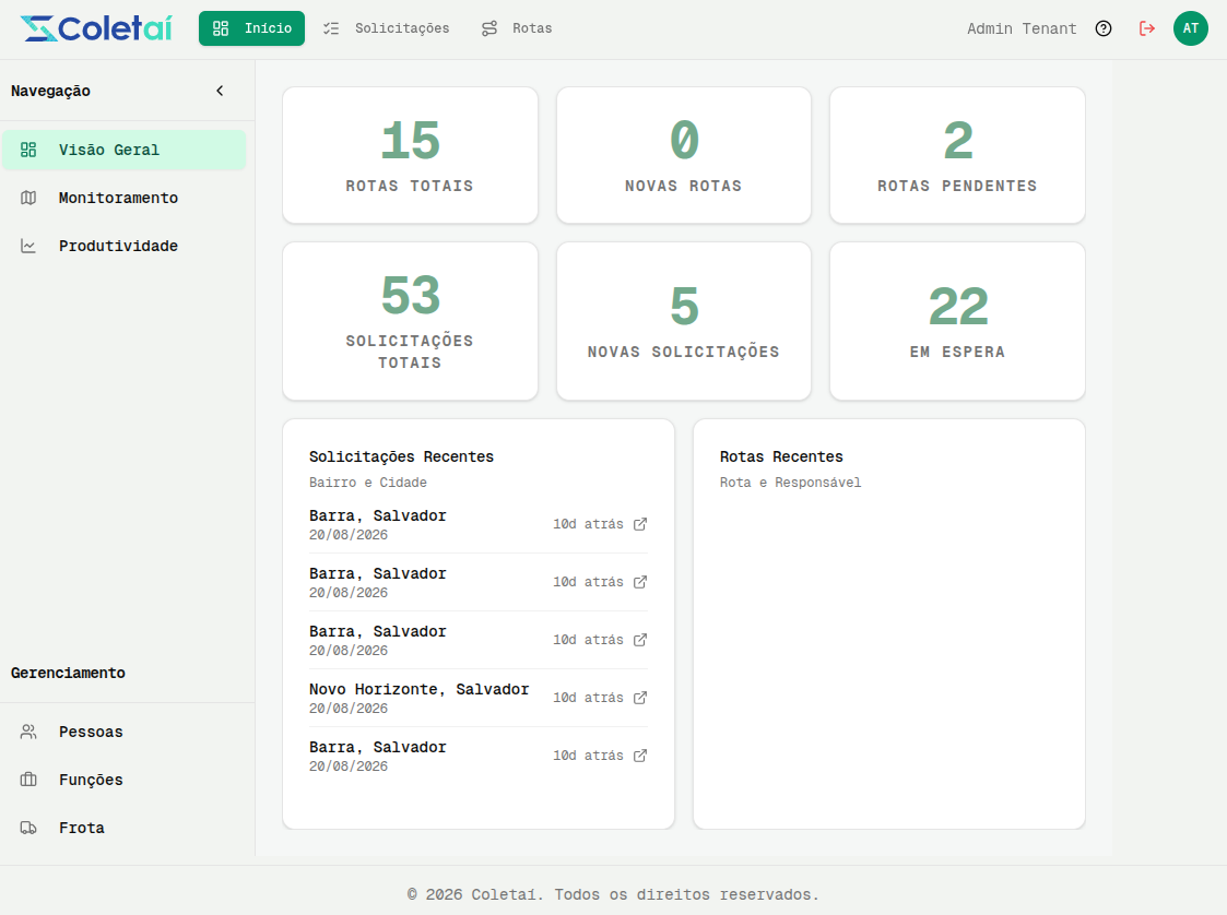 Dashboard do sistema Coletaí