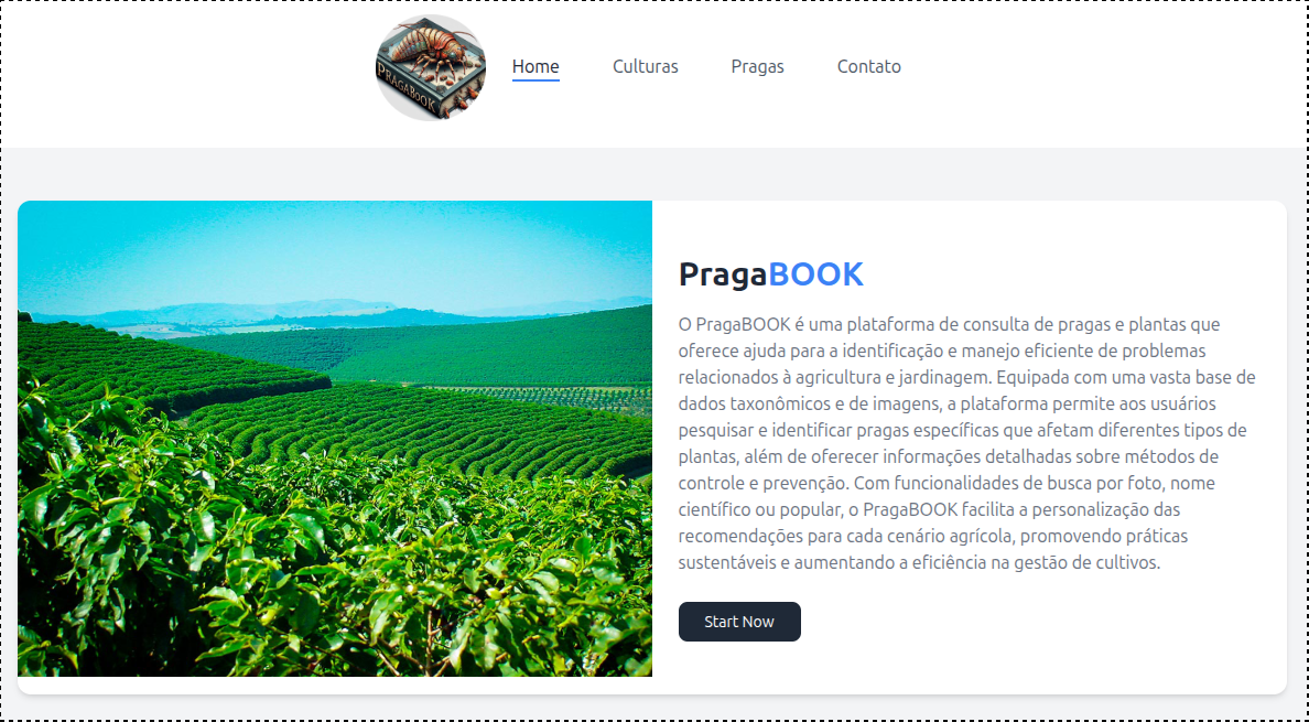 Página inicial do projeto acadêmico PragaBOOK