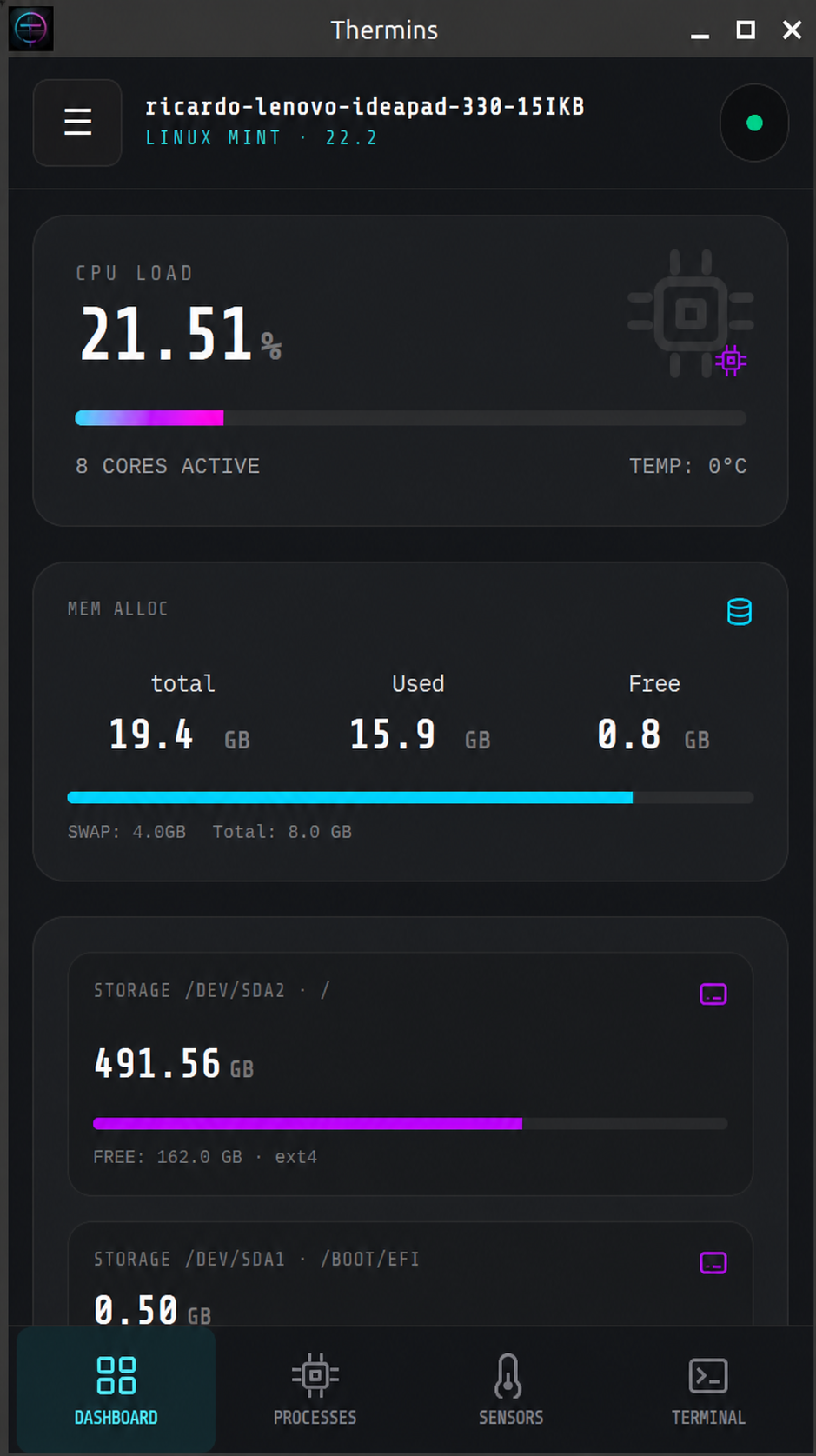 Dashboard do Thermins exibindo telemetria de CPU, memória e armazenamento
